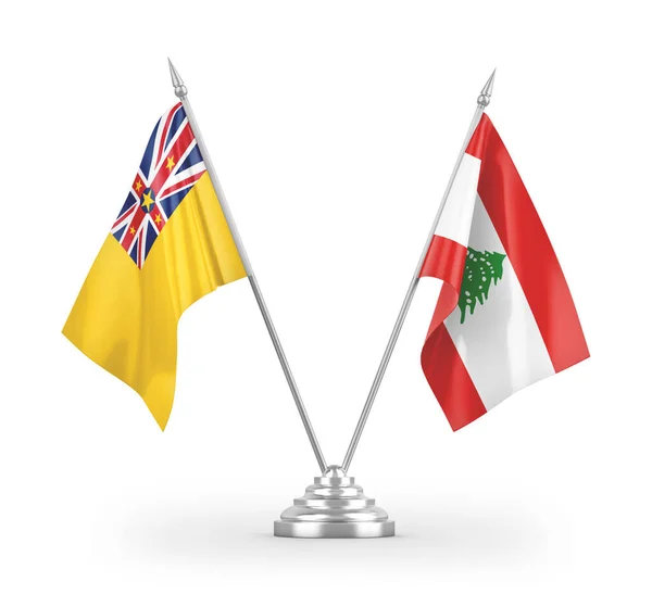 Bandeiras Mesa Líbano Niue Isoladas Fundo Branco Renderização — Fotografia de Stock