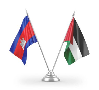 Ürdün ve Kamboçya masa bayrakları beyaz arkaplandaki 3D görüntüleme 