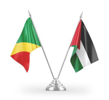 Ürdün ve Kongo masa bayrakları beyaz arkaplanda izole edilmiş 3D görüntüleme 