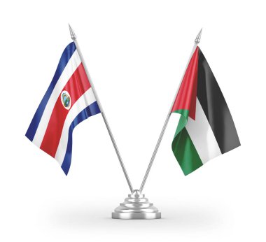 Ürdün ve Kosta Rika masa bayrakları beyaz arkaplanda izole edilmiş 3D görüntüleme