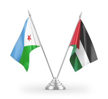 Ürdün ve Cibuti masa bayrakları beyaz arkaplanda izole edilmiş 3D görüntüleme