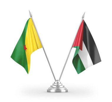 Ürdün ve Fransız Guyanası masa bayrakları beyaz arkaplandaki 3D görüntüleme