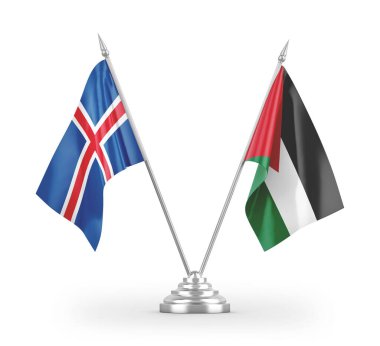 Ürdün ve İzlanda masa bayrakları beyaz arkaplanda izole edilmiş 3D görüntüleme