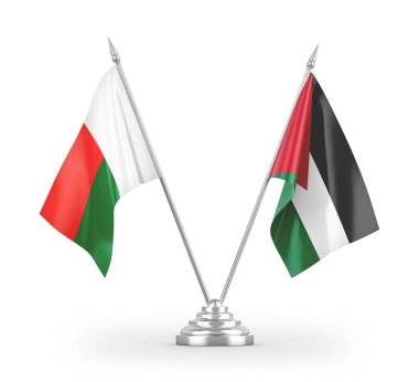 Ürdün ve Madagaskar masa bayrakları beyaz arkaplandaki 3D görüntüleme