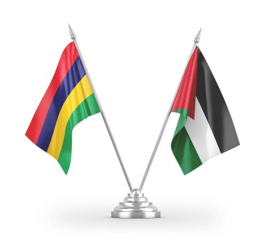 Ürdün ve Mauritius masa bayrakları beyaz arkaplandaki 3D görüntüleme