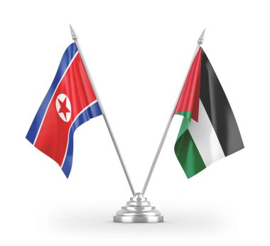 Ürdün ve Kuzey Kore masa bayrakları beyaz arka planda izole edilmiş 3D görüntüleme