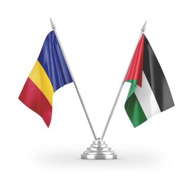 Ürdün ve Romanya bayrakları beyaz arka planda izole edilmiş 3D görüntüleme