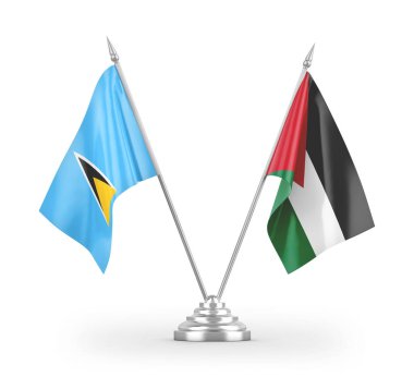 Ürdün ve Saint Lucia masa bayrakları beyaz arkaplandaki 3D görüntüleme