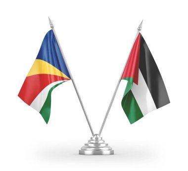 Ürdün ve Seyşeller masa bayrakları beyaz arkaplandaki 3D görüntüleme