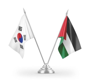 Ürdün ve Güney Kore masa bayrakları beyaz arka planda izole edilmiş 3D görüntüleme