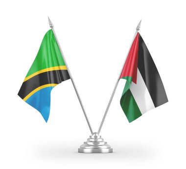 Ürdün ve Tanzanya masa bayrakları beyaz arkaplandaki 3D görüntüleme