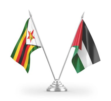 Jordan ve Zimbabwe masa bayrakları beyaz arkaplanda izole edilmiş 3D görüntüleme