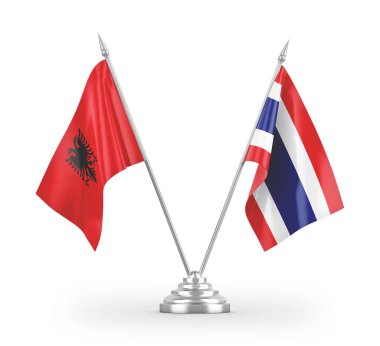 Tayland ve Arnavutluk masa bayrakları beyaz arkaplanda izole edilmiş 3D görüntüleme