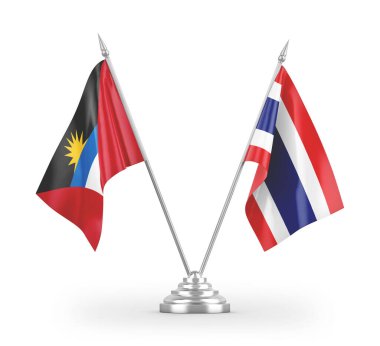 Tayland, Antigua ve Barbuda masa bayrakları beyaz arkaplanda izole edilmiş 3D görüntüleme 
