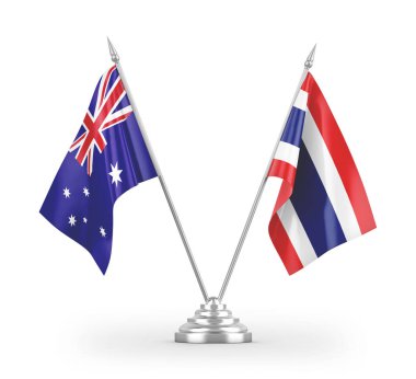 Tayland ve Avustralya masa bayrakları beyaz arkaplanda izole edilmiş 3D görüntüleme