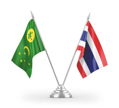 Tayland ve Cocos Keeling Adaları masa bayrakları beyaz arkaplanda izole edilmiş 3D görüntüleme