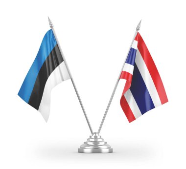 Beyaz arkaplan üzerinde izole edilmiş Tayland ve Estonya masa bayrakları