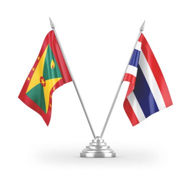 Tayland ve Grenada masa bayrakları beyaz arkaplanda izole edilmiş 3D görüntüleme