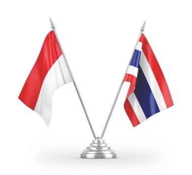 Tayland ve Endonezya masa bayrakları beyaz arkaplanda izole edilmiş 3D görüntüleme