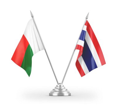 Tayland ve Madagaskar masa bayrakları beyaz arka planda izole edilmiş 3D görüntüleme