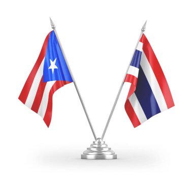 Tayland ve Porto Riko masa bayrakları beyaz arkaplanda 3 boyutlu görüntüleme