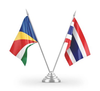 Tayland ve Seyşeller masa bayrakları beyaz arkaplanda izole edilmiş 3D görüntüleme