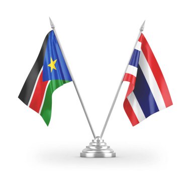 Tayland ve Güney Sudan masa bayrakları beyaz zemin üzerinde izole edilmiş 3D görüntüleme