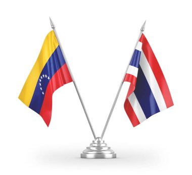 Beyaz zemin üzerinde izole edilmiş Tayland ve Venezuela masa bayrakları 3D