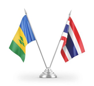 Tayland, Saint Vincent ve Grenadine masa bayrakları beyaz zemin üzerinde izole edilmiş 3D