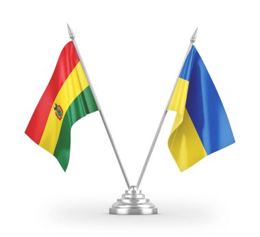 Beyaz arkaplan üzerinde izole edilmiş Ukrayna ve Bolivya masa bayrakları 3d