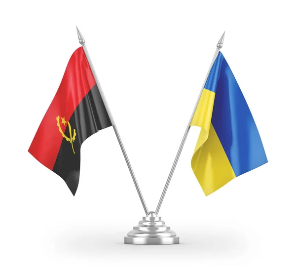 Ουκρανία Και Την Αγκόλα Επιτραπέζια Σημαίες Απομονώνονται Λευκό Φόντο Απόδοση — Φωτογραφία Αρχείου