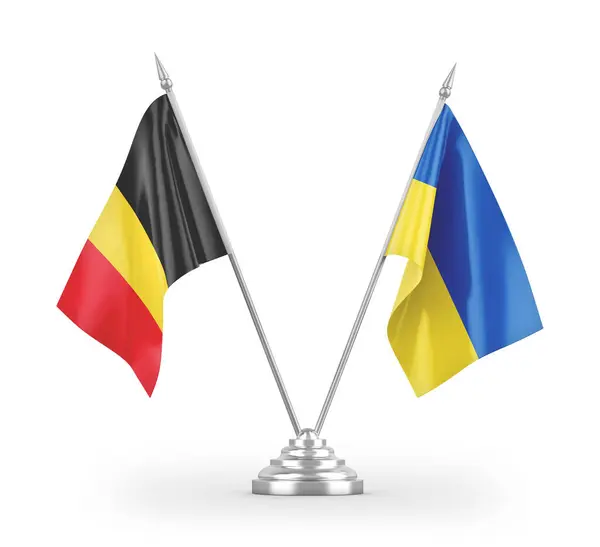Oekraïne België Tafelvlaggen Geïsoleerd Witte Achtergrond Rendering — Stockfoto