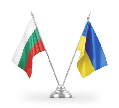 Ukrayna ve Bulgaristan masa bayrakları beyaz arkaplandaki 3D görüntüleme üzerinde izole edilmiş
