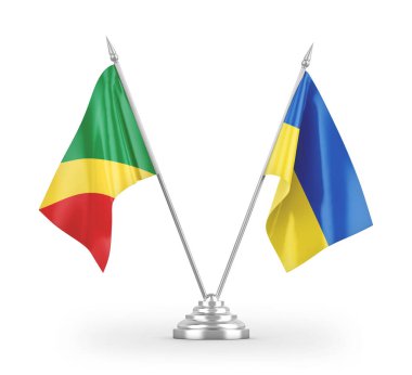 Beyaz arkaplan üzerinde izole edilmiş Ukrayna ve Kongo masa bayrakları 