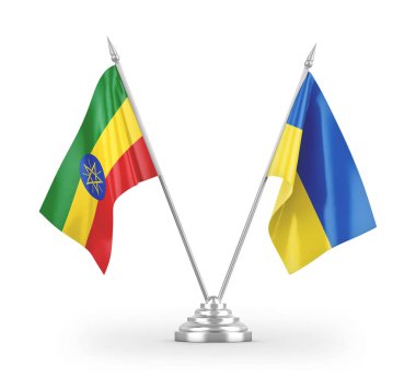 Beyaz arkaplan üzerinde izole edilmiş Ukrayna ve Etiyopya masa bayrakları 3d