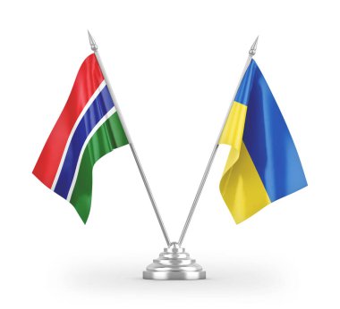 Beyaz arkaplan üzerinde izole edilmiş Ukrayna ve Gambiya masa bayrakları