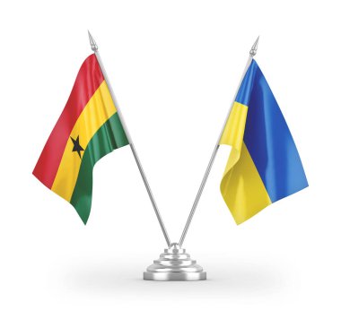 Beyaz arkaplan üzerinde izole edilmiş Ukrayna ve Gana masa bayrakları