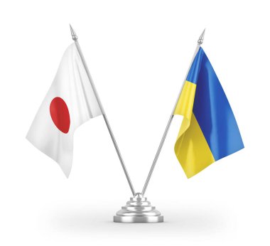 Ukrayna ve Japonya masa bayrakları beyaz arkaplandaki 3D görüntüleme