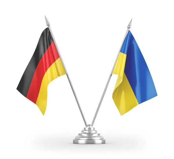 Ουκρανία Και Γερμανία Τραπέζι Σημαίες Απομονώνονται Λευκό Φόντο Απόδοση — Φωτογραφία Αρχείου