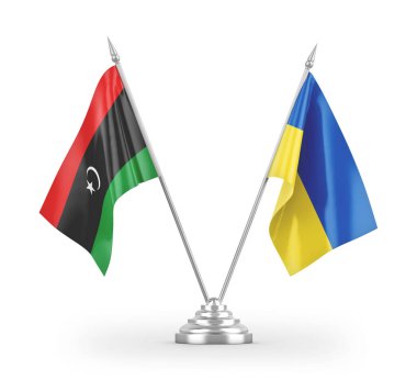 Ukrayna ve Libya masa bayrakları beyaz arkaplandaki 3D görüntüleme