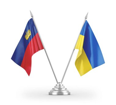 Beyaz arkaplan üzerinde izole edilmiş Ukrayna ve Lihtenştayn masa bayrakları