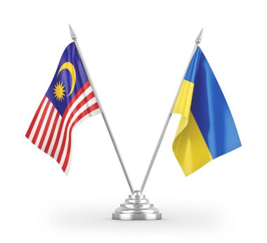Beyaz arkaplan üzerinde izole edilmiş Ukrayna ve Malezya masa bayrakları