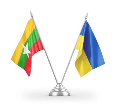 Beyaz arkaplan üzerinde izole edilmiş Ukrayna ve Myanmar masa bayrakları