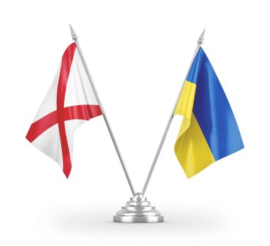 Ukrayna ve Kuzey İrlanda masa bayrakları beyaz zemin üzerinde izole edilmiş 3D görüntüleme