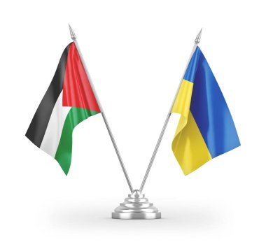 Beyaz zemin üzerinde izole edilmiş Ukrayna ve Filistin masa bayrakları 3D