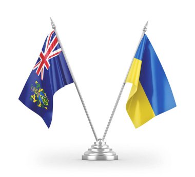 Beyaz arkaplan üzerinde izole edilmiş Ukrayna ve Pitcairn Adaları masa bayrakları