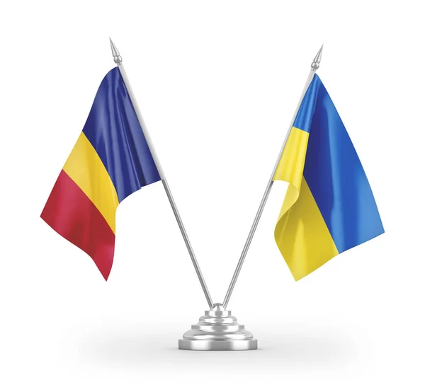 Banderas Mesa Ucrania Rumanía Aisladas Sobre Fondo Blanco —  Fotos de Stock