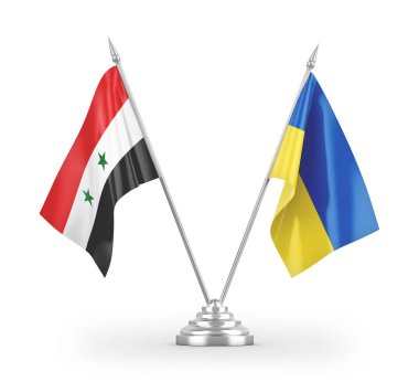 Beyaz arkaplan üzerinde izole edilmiş Ukrayna ve Suriye masa bayrakları