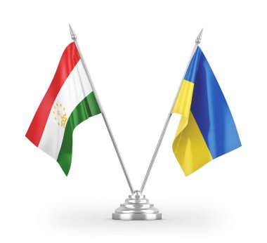 Beyaz arkaplan üzerinde izole edilmiş Ukrayna ve Tacikistan masa bayrakları 3d