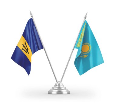 Kazakistan ve Barbados masa bayrakları beyaz arkaplanda izole edilmiş 3d görüntüleme 
